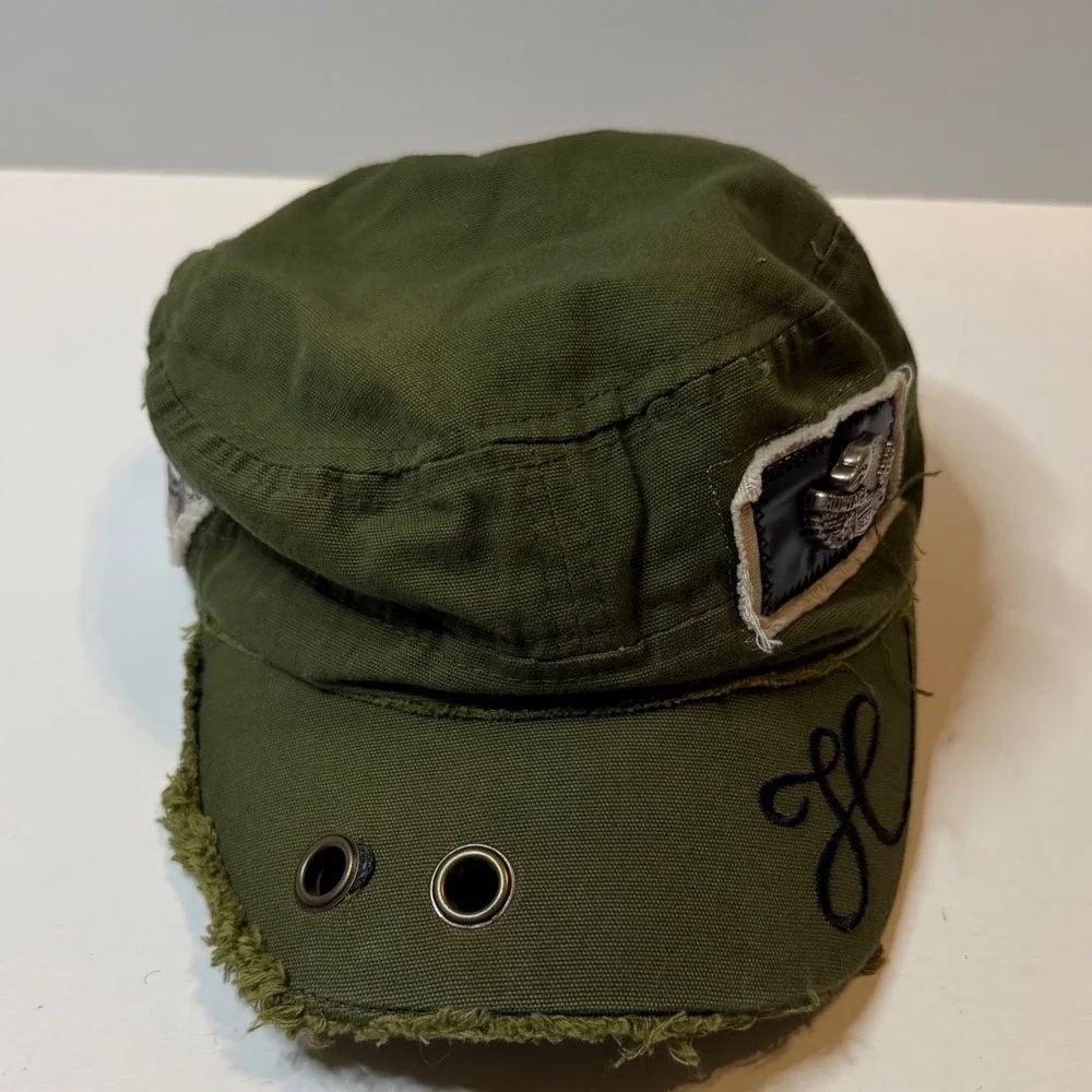 Vintage Harley Davidson Military Cadet Hat Green Distressed